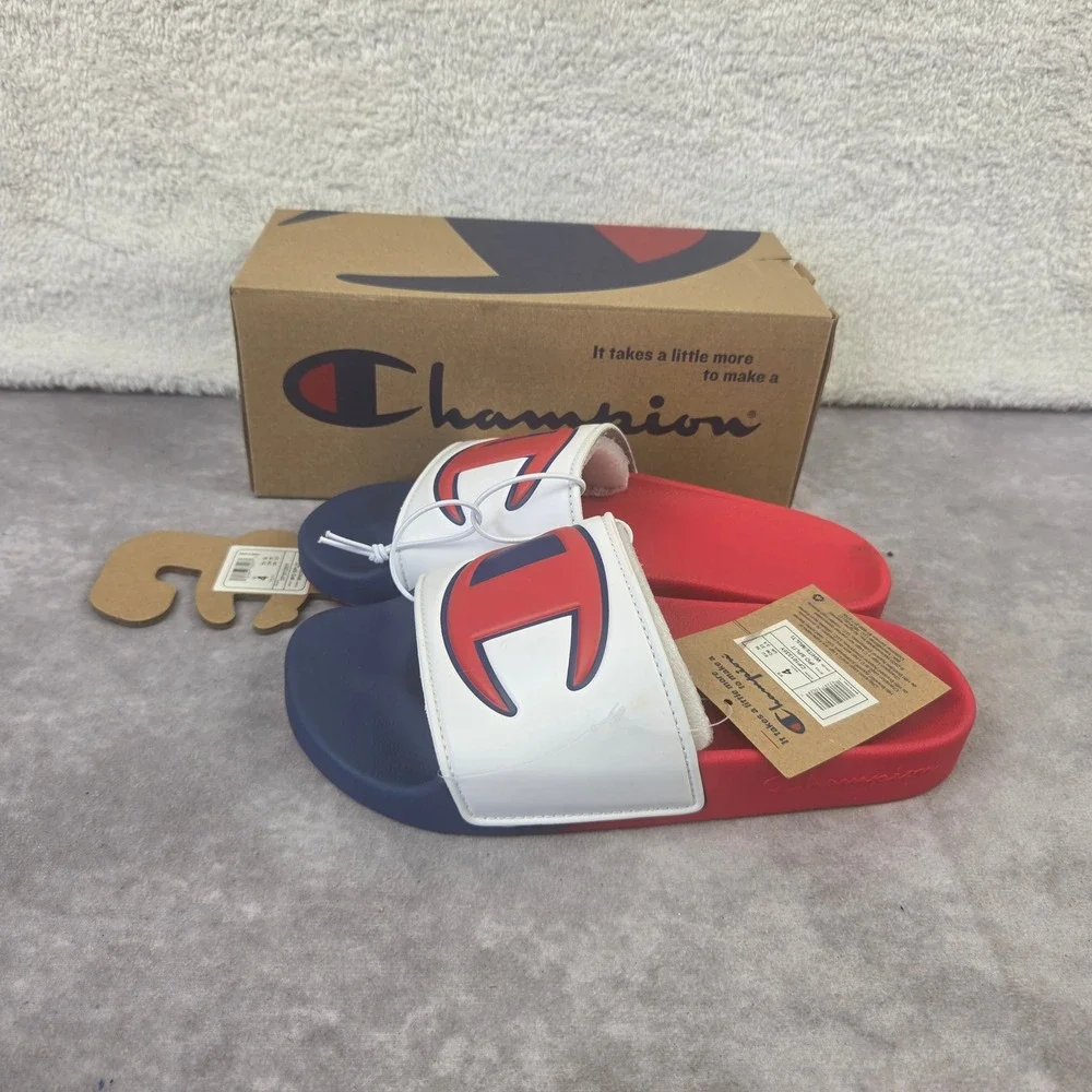 Champion IPO Split Slides White Red Blue Youth Size 4 CP101335Y Big C Sandals